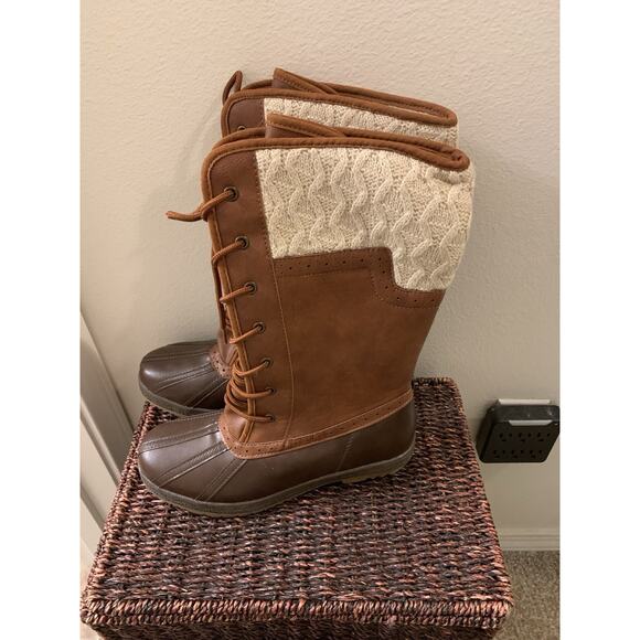 Reila Women's Lace-Up Duck Boots Size 8.5 Brown Faux Leather Knit Upper Rubber - Picture 4 of 9